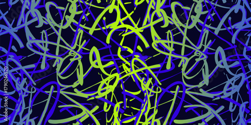 Graffiti seamless pattern. Urban art texture with paint strokes, chaotic lines. Abstract sport style vector background. Neon green, blue, black. Repeat design for kids, teens, boys, girls, apparel