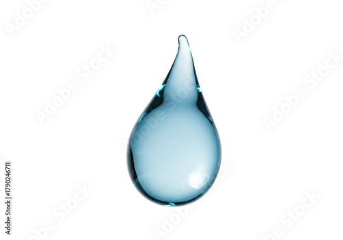 Isolated droplet of light-blue liquid, single raindrop, crystal clear water drop in closeup