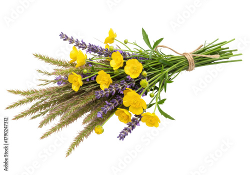 Fotografie Isolated pretty bunch of buttercup flowers with lavender and decorative grass ti