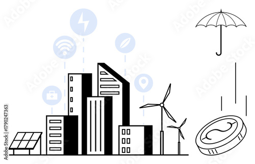 Urban skyline with solar panels, wind turbines, icons for energy, wireless, security, and sustainability. Coin and umbrella highlight finance and protection. Ideal for sustainability, smart living