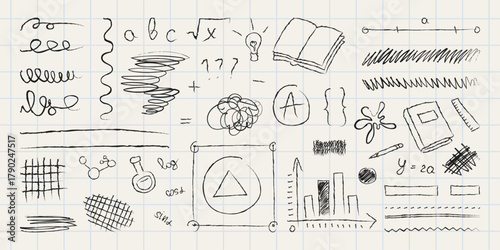 A collection of hand-drawn school doodles and education-themed sketches. This vector-style set includes books, formulas, rulers, light bulbs, lines, and scribbles drawn on a grid paper background.