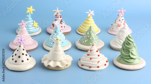 Decorated christmas tree cookies on blue background, festive holiday baking dessert