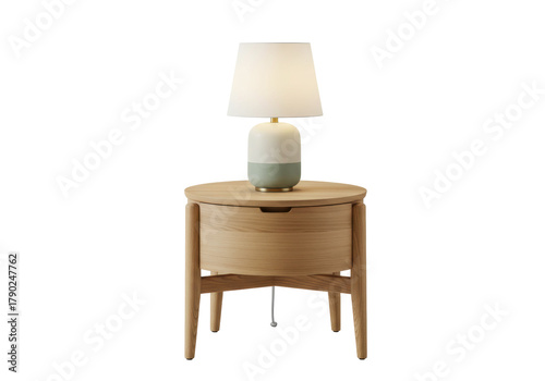 Photography Isolated round bedside table with drawer, illuminated lamp on top, modern bedroo