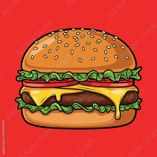 A vibrant cartoon illustration of a classic hamburger with melted cheese, fresh lettuce, and ripe tomatoes on a sesame seed bun, set against a bold red background.