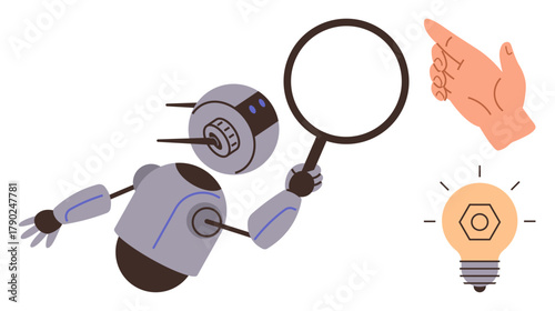 Futuristic robot holding magnifying glass examines human hand gesture alongside a glowing bulb symbolizing ideas. Ideal for innovation, technology, AI analysis, human interaction, problem-solving