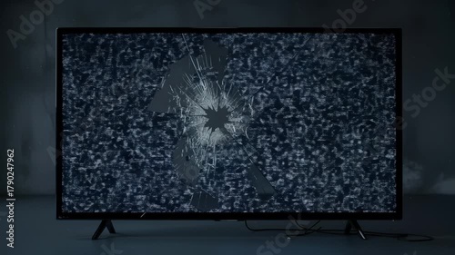 Close-up of a broken television screen showing flickering static noise with visible cracks and shattered glass. The damaged display emits chaotic white and black interference patterns