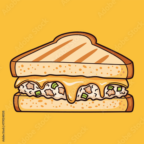 A cartoon illustration of a delicious grilled sandwich with melted cheese and a savory filling on a yellow background.