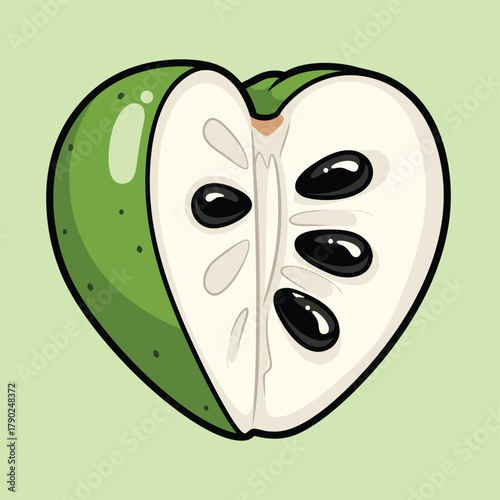 A heart-shaped cherimoya fruit cut in half, revealing its white flesh and black seeds, against a light green background.
