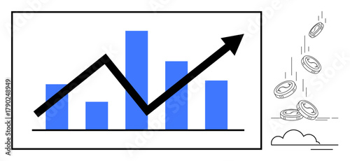 Bar graph with upward arrow representing growth and success. Falling coins suggesting profit, revenue, or investment gains. Ideal for finance, analytics, business, growth, investment strategy
