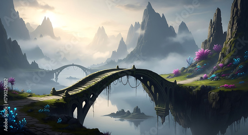Ancient bridge over mystic waters in a fantasy mountain landscape.