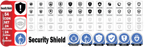 Security Shield Icon Set Vector Pack, 54 vector icons including silhouette outline and dual-tone styles for cybersecurity data privacy protection firewall lock app ui ux on white background