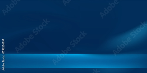 Blue studio background. Empty Room Studio with table. Space for selling products, backdrop, wallpaper, background, text. Gradient table.
