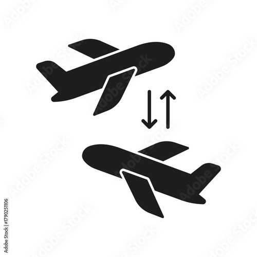 Airplane Departure And Arrival Solid Icon. Flight Operations, Travel Planning, And Aviation Schedule Silhouette Symbol. Air Traffic Management. Isolated Vector Illustration