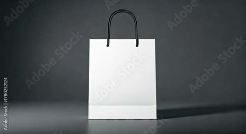 A white paper shopping bag with black handles, against a dark, blurred background
