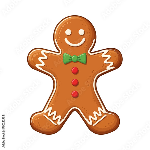 A cute cartoon gingerbread man illustration smiles warmly, adorned with festive white icing, a bright green bow tie, and three shiny red candy buttons