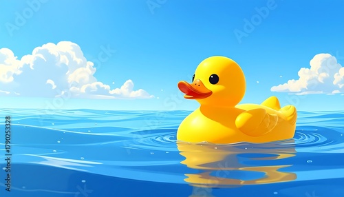 Cartoon yellow rubber ducky floats serenely on rippled blue water under a partly cloudy, bright, clear blue sky