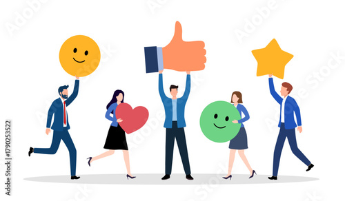 Customer feedback, user experience or client satisfaction, opinion for product and services, review rating or evaluation concept, young adult people giving emoticon feedback such as stars, thumbs up.