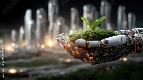 Technological innovation for eco-sustainability futuristic city digital art urban environment close-up view green concepts