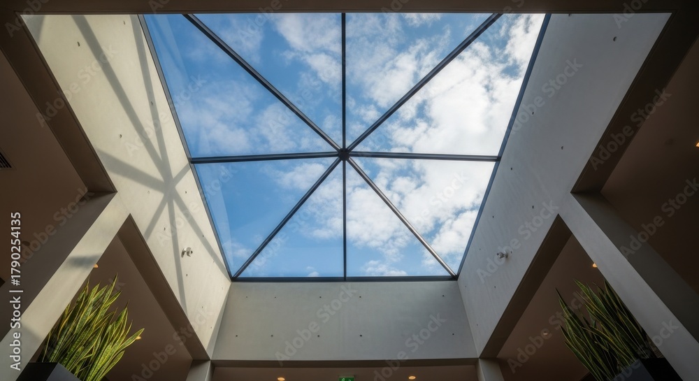 Obraz premium Modern architectural skylight with a view of the sky
