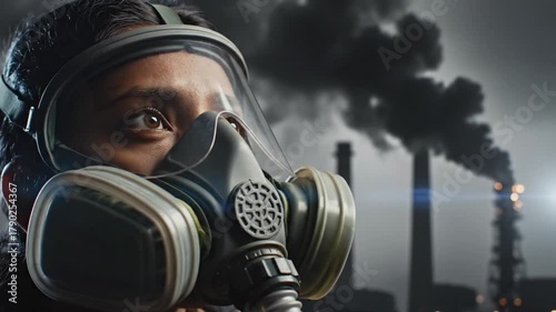 Person in Gas Mask Confronts Industrial Pollution, Environmental Crisis.