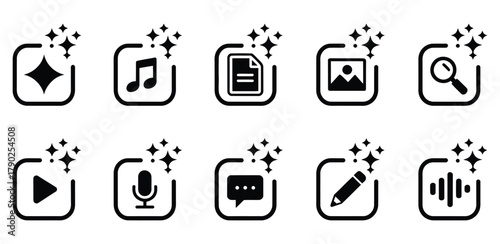 Enhance your digital content with this sparkling icon set featuring music, documents, images, search, play, voice, chat, edit, and sound, perfect for modern apps and websites