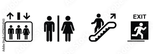 Iconic navigation symbols for public spaces including elevator, restroom, escalator, and emergency exit signs in a modern, clean design for wayfinding solutions and accessibility guides
