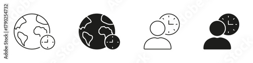 World And Person With Clock Solid Icon Set. Global Time Management And International Scheduling Outline And Silhouette Symbol. Time Zone Coordination And Planning. Isolated Vector Illustration