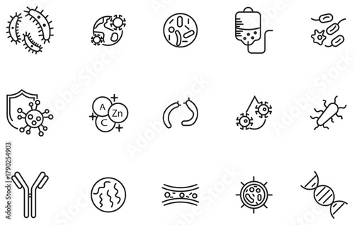 Set of bacteria line icons set. Containing as organisms, virus, micro, bacteria, lab, petri dish, microscope and more.  simple bacteria and virus icons in black and white. Vector illustration.