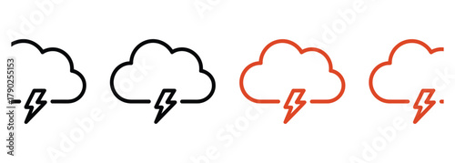Weather forecast icons showing stormy clouds and lightning bolts in black and orange, perfect for weather apps and websites, symbolizing rain and thunderstorms, vector illustration