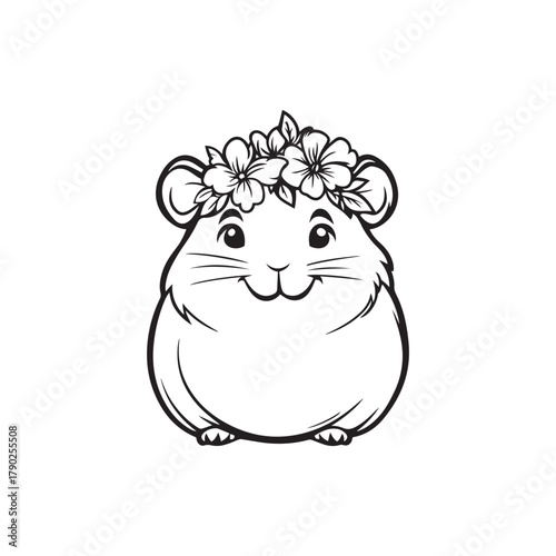 Cute Hamster with a Floral Crown Line Art