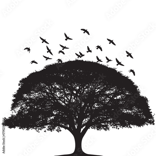 Black silhouette of a large leafy tree with a flock of birds flying above against a white background