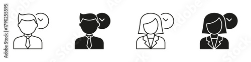Male And Female Professionals With Checkmark Icon Set. Business Approval, Verification, And Team Selection Outline And Silhouette Symbol Collection. Hr And Recruitment. Isolated Vector Illustration
