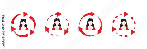 Female User Profile Refresh Cycle Icons: Red Arrows, Update, Reload, Continuous Rotation Set