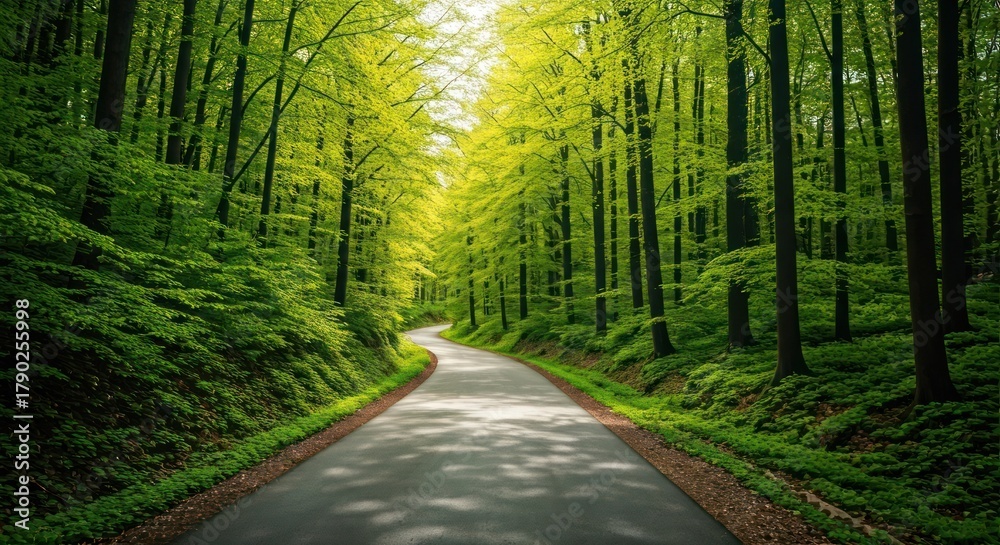 Obraz premium An asphalt road winds through a lush, sunlit forest with vibrant green foliage