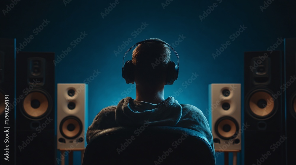 Naklejka premium Immersed in sound, a person wearing headphones sits surrounded by studio monitors in a dimly lit, blue-toned room. A moment of focused listening and audio enjoyment.