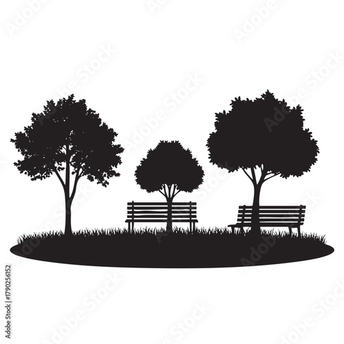 Black silhouette of three trees and two park benches on a grassy mound black and white 1