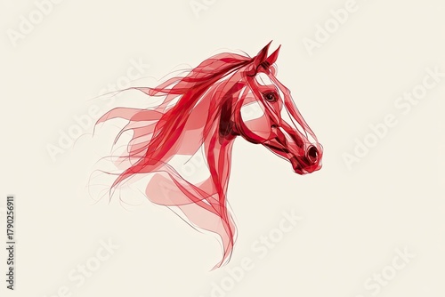 Red flowing horse head illustration created with elegant, semi-transparent lines and strokes, conveying movement, grace and ethereal beauty