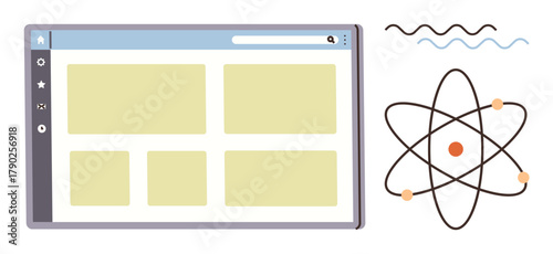 Browser interface with navigation bar beside atom diagram, representing connection between technology and science. Ideal for education, innovation, research, analysis, learning, technology, simple