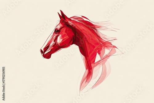 Vivid red horse head combining solid coloring and flowing, abstract linework for the mane and neck, expressing passionate energy and a fusion of traditional and modern art. Suitable for print design