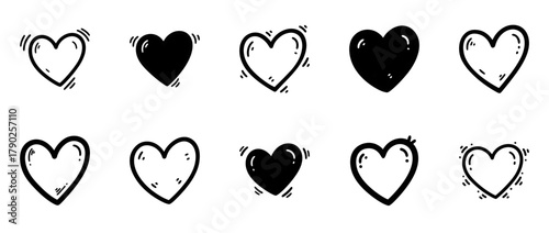 Set of hand-drawn black and white heart icons with sketch doodle style for love, romance, and Valentine design elements