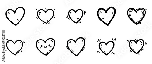 Set of hand-drawn black and white heart icons with sketch doodle style for love, romance, and Valentine design elements