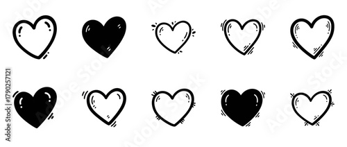 Set of hand-drawn black heart doodles with transparent background, sketchy love icons, romantic symbols, cartoon heart illustrations