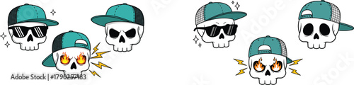 Cool Hip-Hop Skull Characters Set with Baseball Caps, Sunglasses, and Fiery Expressive Eyes Vector