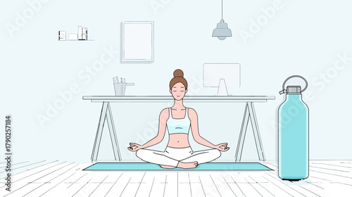 Woman practicing yoga meditation in minimalist home office healthy lifestyle