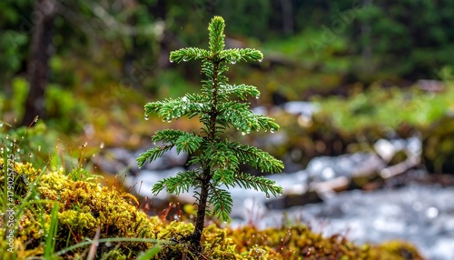 A Young Evergreen Tree in a Lush Forest with Water Droplets on Needles and Moss
