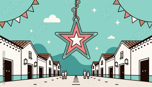 Festive street with decorative piñata star and houses during Christmas