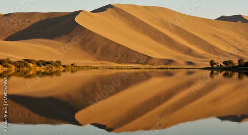 Fototapeta Naklejka Na Ścianę i Meble -  The reflection of dunes in a still oasis lake.