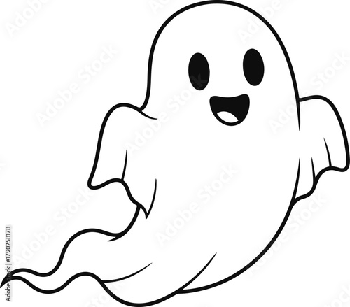 A simple, cheerful cartoon ghost figure floating horizontally with a happy expression, featuring large black eyes and an open, smiling mouth, rendered in black and white line art.