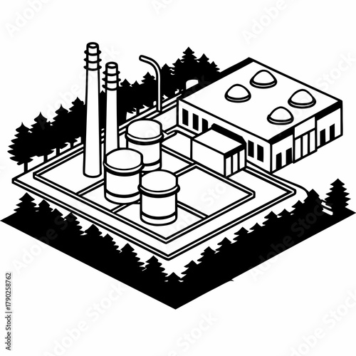Isometric vector scene illustrating a carbon-capture plant with chimneys, storage tanks, pipelines and green surroundings — ideal for clean-tech, environment sector visuals and vector asset libraries.