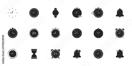 Clock And Timer Icon Set. Time Management, Alarm, And Stopwatch Silhouette Symbol Collection. Various Clock Designs For Scheduling And Reminders. Isolated Vector Illustration